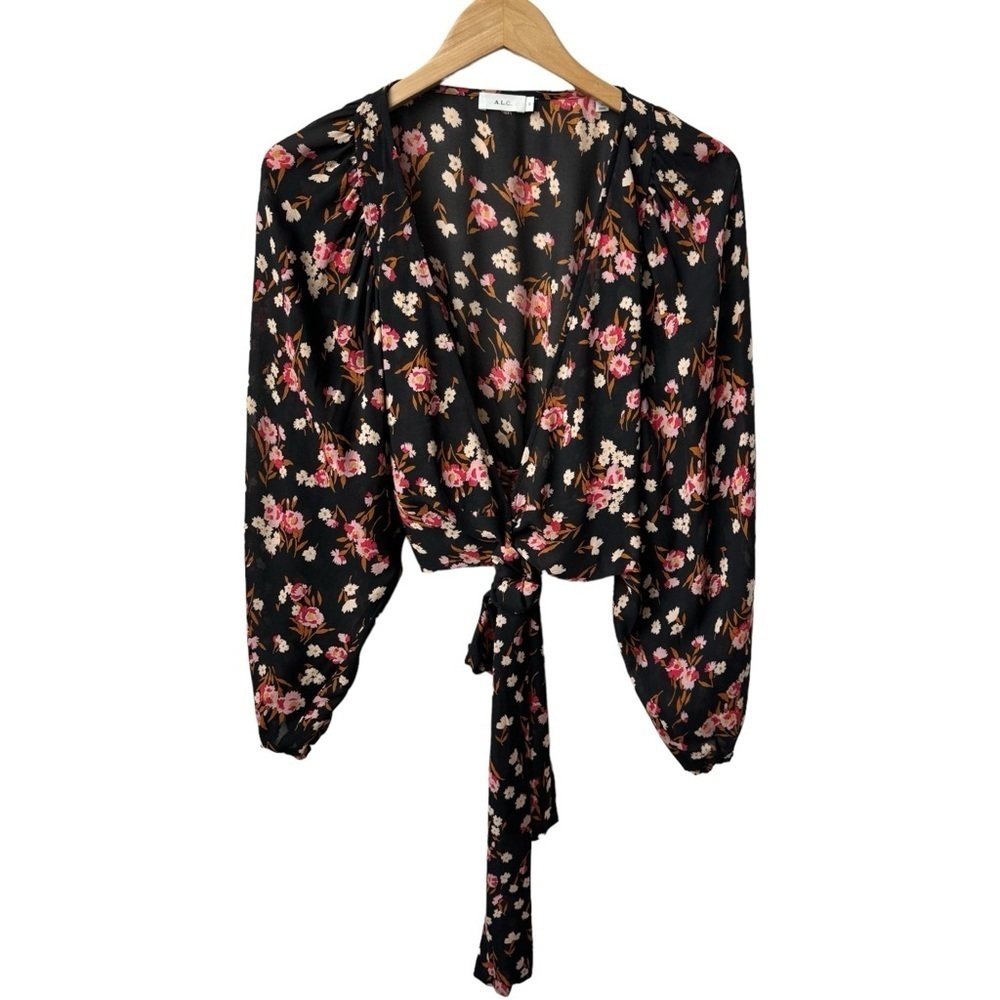 A.L.C. Carla Floral 100% Silk Wrap Crop Top Blouse Balloon Sleeves Black Small 6 - Picture 8 of 14